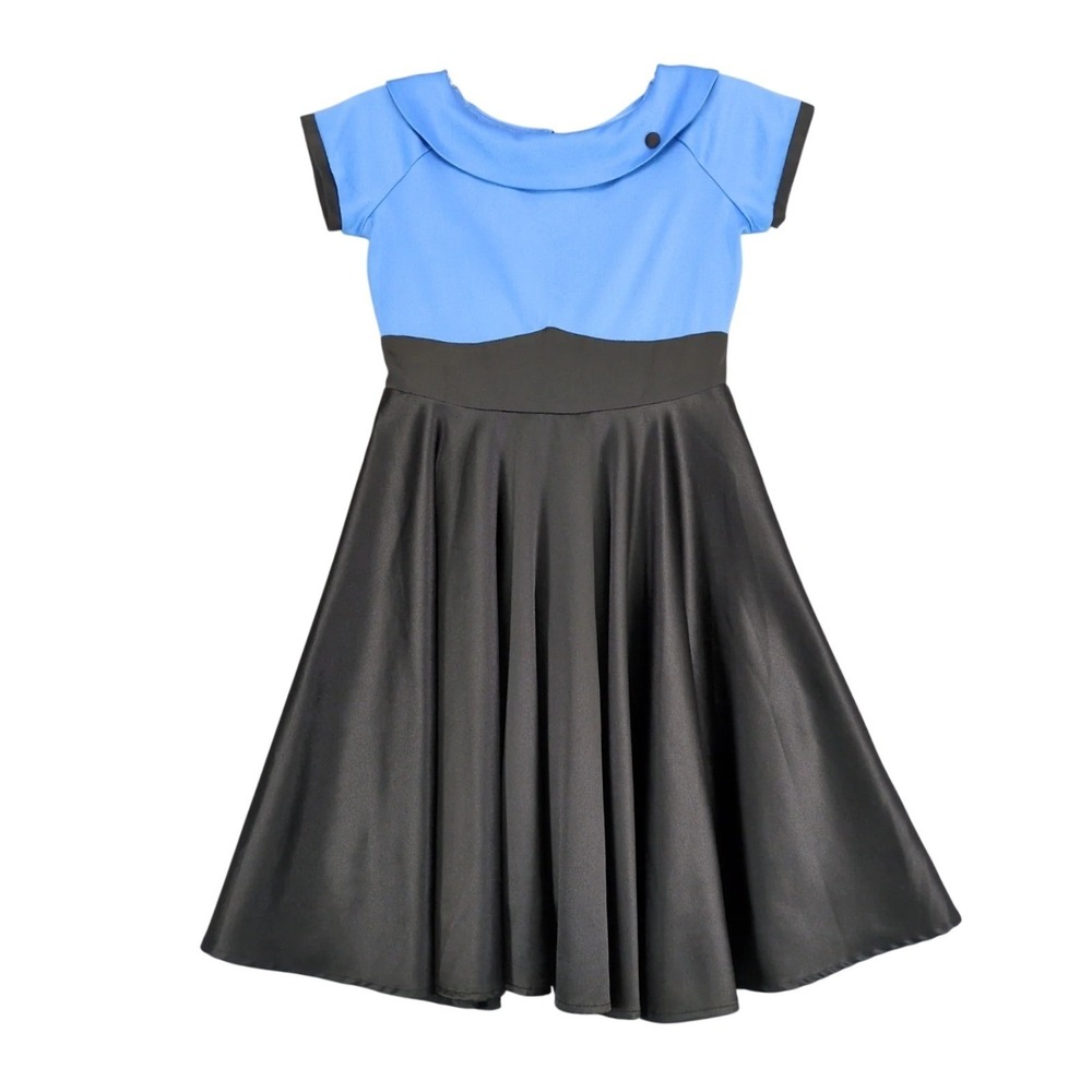 Blackbutterfly Blue Black Satin Fit & Flare Skater Dress Sz 11/12 Satin Retro